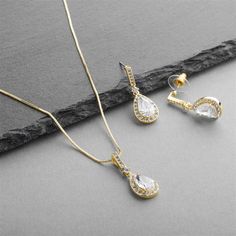 14K Gold Plated Pear Shape CZ Bridal and Formal Jewelry Set Silver Bridesmaid Jewelry, Silver Bridal Jewellery, Bridal Pendant, Crystal Wedding Jewelry, Formal Jewelry, Pearl Bridal Jewelry, Prom Earrings, Pearl Jewelry Wedding, Box Chain Necklace