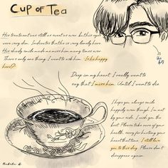 a drawing of a cup of tea on top of a saucer