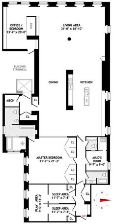 the floor plan for an apartment with two bedroom and one bathroom, including a living area