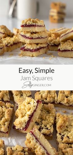 Top - jam squares stacked on each other. Bottom - Sliced jam squares on parchment paper. Jam And Coconut Slice, Jam Squares Recipes Apricot, Pantry Ingredient Desserts, Jam Slice Recipe, Shortbread With Jam, Easy Jam Tart Recipe, Jam Baking Recipes, What To Make With Jam, Leftover Jam Uses