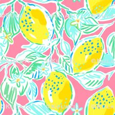 a pink background with lemons and leaves on it's sides, all in different colors