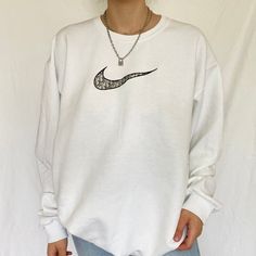 cotton/poly white crewneck with embroidered design! unisex adult sizing. these are made to order! please allow 2-4 weeks for shipment ᵕ̈ model is 5'5, usually a size small & wearing a size large. Sporty White Sweater With Embroidered Logo, Casual White Sweater With Embroidered Logo, White Crew Neck Sweatshirt With Embroidered Logo, White Embroidered Logo Crew Neck Sweatshirt, Trendy White Crew Neck Sweater, White Embroidered Sweater For Streetwear, White Basic Crew Neck Sweater, Oversized Embroidered White Sweater, Custom Embroidery Crew Neck Sweater For Streetwear