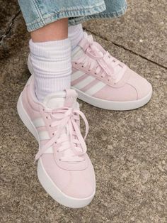 Vl Court 3.0, Adidas Vl Court 3.0 Sneaker Outfit, Adidas Court 3.0, Vl Court 3.0 Outfits, Adidas Vl Court 3.0, Womens Sneakers 2024, Pink Clothes Aesthetic, Cute Pink Shoes, Pink And White Sneakers