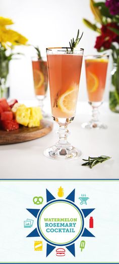 two glasses filled with watermelon rosemary cocktail on top of a table next to flowers