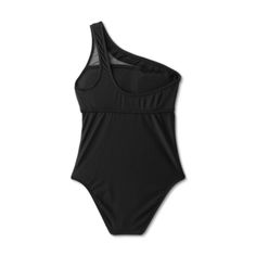 Flaunt your chic swim look with this Mesh Front Asymmetrical One Shoulder One Piece Swimsuit from Shade & Shore™. This one-piece swimsuit features mesh front detailing on the front for a unique touch, while the one-shoulder design elevates the look. Made with a mix of soft and stretchy fabric, this one-shoulder swimsuit offers flexible comfort both in and out of the water. Wear it alone or pair with a sarong to change your beach look in an instant. Asymmetrical Bodysuit For Beachwear, Asymmetrical Fitted Bodysuit For Poolside, Chic Asymmetrical Lined Swimwear, Summer Black Nylon Leotard, Fitted Bodysuit With Asymmetrical Neckline For Swimming, Black Nylon Leotard For Summer, Beachwear Swimwear With Asymmetrical Neckline, Summer Nylon Bodysuit With Mesh Back, One-piece Mesh Bodysuit