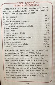 the menu for seafood casserole is shown in red and black lettering on a white paper