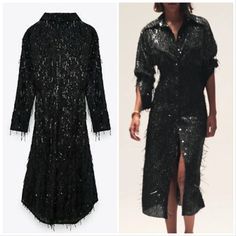 Nwt Zara Limited Edition Sequined Shirt Dress Black Fringe. Size Medium. Size For Medium In Inch Lay Flat - Shoulder - 24 Inch - Armpit - 19 Inch - Waist - 17 Inch - Hips - 20 - Length - 44 Inch Fall Long Sleeve Shirt Dress For Party, Long Sleeve Shirt Dress For Summer Evening, Fall Shirt Dress For Night Out, Black Shirt Dress For Summer Party, Summer Party Black Shirt Dress, Long Sleeve Sequined Midi Dress For Fall, Black Sequined Midi Dress For Fall, Evening Shirt Dress With Long Sleeves, Evening Long Sleeve Shirt Dress