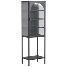 a tall metal cabinet with glass doors on the front and bottom shelves, against a white background