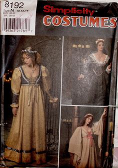 Vintage Simplicity # 8192 Simplicity Costumes #8192 Pattern Size 10,12,14 Renaissance Lady Medieval, Uncut FF Simplicity 8192 Medieval Dress Costume Pattern for Renaissance Dress up Day. Renaissance Dress Gown, Bodice, Veil Costume Accessories. Company: Simplicity Vintage: (c)1998 LADIES RENAISSANCE - REN-FAIR GOWN COSTUME Sizes ~ 10 - 12 - 14 PLEASE NOTE: This is for the Sewing PATTERN & INSTRUCTIONS ONLY. Materials are not included.  Check my other items for more One-of-a-Kind treasures - More Veil Costume, Gown Costume, Ren Fair, Dress Up Day, Costume Patterns, Motif Vintage, Medieval Dress, Vintage Clutch, Dress Costume