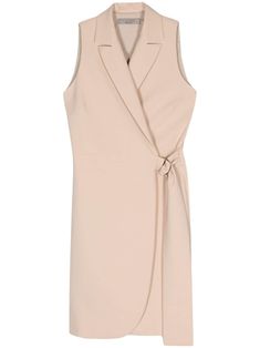 sand beige crepe texture wrap design notched lapels sleeveless straight hem mid-length side buckle fastening Elegant Beige Wrap Dress For Work, Sleeveless Wrap Dress With Tie Waist For Work, Chic Sleeveless Formal Wrap Dress, Beige Sleeveless Midi Dress For Work, Sleeveless Wrap Dress For Work, Chic Sleeveless Midi Dress For Business, Chic Beige Business Dress, Chic Beige Fitted Wrap Dress, Chic Beige Midi Length Wrap Dress