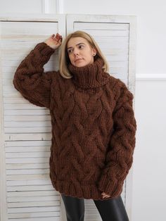 "Brown turtleneck wool sweater with a slightly loose fit, perfect for everyday styles. The chunky, long sleeve design has 3 layers of high quality wool for maximum comfort and coziness. DETAILS - The sweater has 3 layers of wool - Made from 100% wool - The sweater is knitted with 88 oz (2500 g) of high quality premium wool - The model is 170 cm tall (regular S) - The sweater on picture is size XL - As mostly all models in our shop the sweater is loose fit - Colour on photo - brown FIT - The swea Winter Chunky Knit Long Sleeve Polo Sweater, Fall Turtleneck Cable Knit Polo Sweater, Fall Cable Knit Turtleneck Polo Sweater, Winter Long Sleeve Chunky Knit Turtleneck, Casual Wool Turtleneck With Chunky Knit, Casual Wool Chunky Knit Turtleneck, High Neck Wool Sweater For Winter, Casual Chunky Knit Wool Turtleneck, Warm Turtleneck For Cold Weather