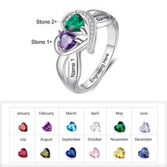 Double Stone Personalized Ring For Women has silver heart shape in center of ring with two heart shape stones on it which are birth stones, it has small silver stones covering one side of the heart making it look more beautiful. It can be personalized by engraving two names on it making it a perfect gift for women on occasion like wedding, engagement or anniversary. Features: Color: Silver Material: Silver Style: Personalized Size: Available Size: US - 6/7/8/9 Weight: 3.4g Size Chart: Size Circu Valentine's Day Silver Heart Birthstone Ring, Silver Heart-shaped Birthstone Ring Gift, Silver Heart Birthstone Ring For Mother's Day, Heart Shaped Silver Birthstone Ring For Mother's Day, Silver Heart-shaped Birthstone Ring For Mother's Day, Silver Heart Ring For May Birthstone Gift, Personalized Heart-shaped Silver Birthstone Ring, Personalized Silver Heart-shaped Birthstone Ring, Personalized Silver Rings For Valentine's Day