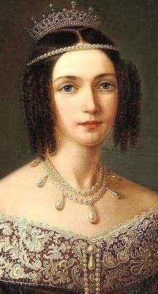 an old painting of a woman wearing a tiara and dress with pearls on her head