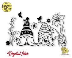 the digital files are designed to look like flowers and gnomes