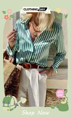 Desert Wishes Stripes Button Down Santin Blouse Shirt Collar Styles, Casual Long Sleeve Shirts, Classy Work Outfits, Collar Blouse, Green Blouse, Unique Fashion, Fashion Store, Low Price, Work Outfit