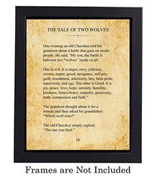 the tale of twowolves poem framed in black frame with gold foil on parchment paper