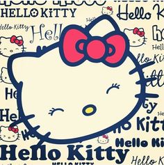 an image of hello kitty with many words on it's back ground and the word hello kitty written in red