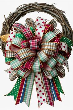 a wreath with bows and polka dots on it