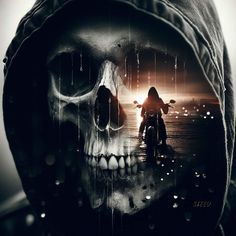 a person riding a motorcycle with a skull on the back of it's head