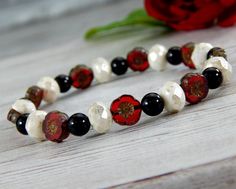 Handcrafted Gemstone Bead Bracelets | by BlueStoneRiver – StoneRiverJewelry Elegant Red Beaded Stretch Bracelet, Handmade Red Flower Bracelets, Bohemian Red Flower Beaded Bracelet, Elegant Red And Black Beaded Bracelets, Red Flower-shaped Bohemian Beaded Bracelets, Red Bracelets, Black Agate, Ivory White, Black White Red