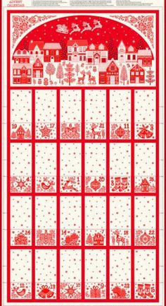 a red and white christmas calendar with santa's sleighs