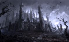 an image of a fantasy castle in the dark forest with bats flying around and birds flying over it