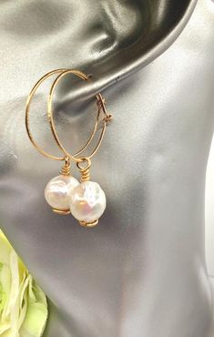 ⚜️14KT Gold Filled hoop & Pearl drop earrings ⚜️Here I have for sale a beautiful pair of 14KT Gold  filled earrings, with cultured freshwater potato pearls. ⚜️The hoops measure 25mm and the pearls are 10mm diameter, total length from top of hoop to bottom of pearl drop, measures 40mm. I have lightly hammered the Gold filled wire, to give them a lightly textured surface. ⚜️These are beautiful quality Cultured Freshwater Pearls with a natural textured surface and beautiful lustre, the perfect addi Handmade Small Hoop Pearl Earrings, White Small Hoop Earrings For Anniversary, White Hoop Jewelry For Anniversary, White Small Hoop Jewelry For Anniversary, Nickel-free White Hoop Earrings For Anniversary, Nickel-free Hoop Jewelry For Anniversary, White Wire Wrapped Hoop Earrings Gift, White Wire Wrapped Hoop Earrings As A Gift, Anniversary Pearl Drop Dangle Hoop Earrings