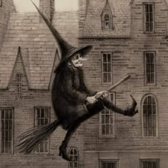 a drawing of a witch flying in front of a building with a broom and hat