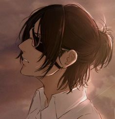 an anime character with dark hair and glasses staring into the distance while standing in front of a cloudy sky