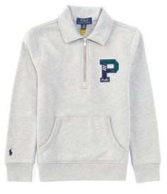 From Polo Ralph Lauren&#x2C; this sweatshirt features:Straight collarLong sleeves with ribbed cuffs Signature embroidered pony above the right cuffQuarter-zip placketCorduroy "P" appliqué with "Polo" embroidery on the left side of chestKangaroo pocketRibbed hemCotton/polyester fleeceMachine wash/tumble dryImported. Athletic Heather Fleece Top For Winter, Athletic Heather Long Sleeve Fleece Top, Athletic Heather Long Sleeve Sweats For Fall, Long Sleeve Athletic Heather Sweats For Fall, Heather Grey Long Sleeve Fleece Top, Athletic Heather Fleece Tops For Fall, Athletic Heather Top With Ribbed Cuffs For Fall, Long Sleeve Cotton Sweatshirt In Athletic Heather, Classic American Style