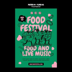 the poster for food festival is shown in green and pink, with an image of two frogs