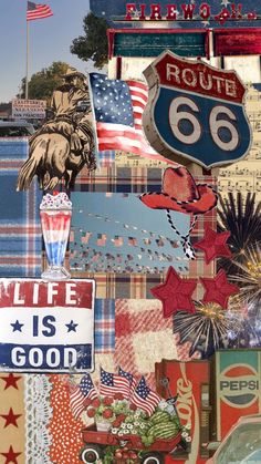 a collage of various signs, flags and other items in the shape of an american flag