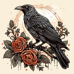 a black bird sitting on top of a branch with roses around it and an orange circle in the background