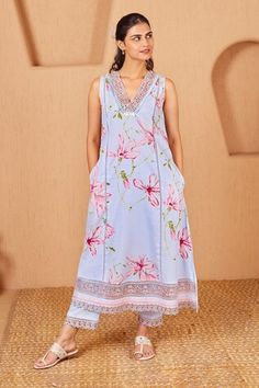 Baby blue A-line kurta featuring floral print all over with resham, thread and cutwork embroidered neck. Paired with a lace embroidered pant and a printed dupatta. - Aza Fashions Blue Sleeveless Sets With Floral Embroidery, Blue Sleeveless Floral Embroidery Sets, Sleeveless Floral Embroidered Kurta For Spring, Sleeveless Floral Embroidery Kurta For Spring, Sleeveless Dress With Printed Motifs For Spring, Fitted Sleeveless Kurta For Spring, Spring Fitted Sleeveless Kurta, Blue Kurta, Printed Dupatta