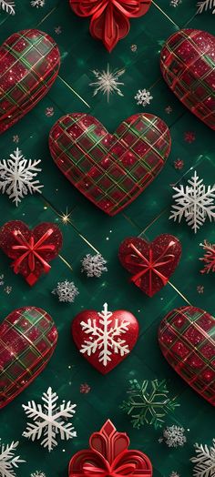 many red and white heart shaped ornaments on a green background