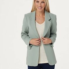 Vince Camuto Parisan Crepe Notch Collar Blazer Smoked Sage 10 # A352883 Item Description Fabrication: Parisan Crepe Features: Front Notched Collar, Long Sleeves With Three Buttons Above Each Cuff, Front Faux Pockets, Straight Hem, Sewn-In Shoulder Pads Fit: Semi-Fitted; Follows The Lines Of The Body With Added Wearing Ease Length:Missy Length 27" To 29-1/4" Content: Shell/Lining 100% Polyester Care: Dry Clean Only This Is A Vince Camuto Fit, Not A Qvc Fit Imported Size - Misses 8 Color - Smoked Teal Blazer, Animal Print Blazer, Open Blazer, Orange Jacket, Blue Tweed, Single Button Blazer, Black Flare, Pink Blazer, Printed Blazer