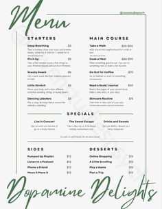 Dopamine Delights Menu Digital Download - Etsy Dopamine List Ideas, Dopamine Boosting Activities, Dopamine Activities, Dopamine Deficiency, Boost Dopamine