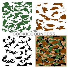 four different camouflage patterns on white and green background, each with an individual's own image