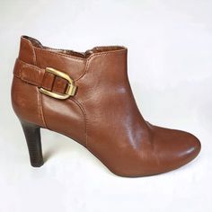 Nwb Bandolino Leather High Heel Zip Up Ankle Boots Size 7.5 In Cognac Formal Ankle-high Heeled Boots With Buckle Closure, Formal Boots With Ankle Strap And Heel Loop, Formal Boots With Heel Loop And Ankle Strap, Brown Round Toe Boots With Heel Strap, Brown Boots With Heel Strap And Round Toe, Formal Ankle-high Boots With Buckle Closure, Dark Brown Leather Boots, Womens Casual Boots, Taupe Boots