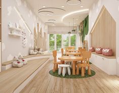 a child's playroom with wooden floors and white walls, stuffed animals on the floor