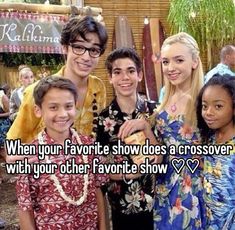 some people are posing for a picture with the words, when your favorite show does crossoverer