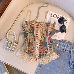 Cottagecore Lace Bustier Top with lace-up front, vintage-lace ruffles, stretchy back with shirring, lace trim, delicate lace shoulder straps. ONE SIZE Bust 79-90cm Waist 64cm-74cm Length 32cm Hot Crop Tops, Lace Bustier Top, Top Bustier, Fairy Dresses, Lace Up Top, Cottagecore Fashion, Backless Crop Top, Vintage Corset, Girls Crop Tops