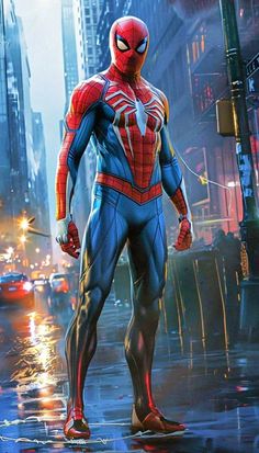 spider - man standing in the rain on a city street