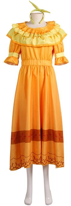 an orange dress with yellow ruffles on the shoulders and collared neckline