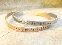 Personalized Wonderlust Bracelet- or your own message * 3/16 inch aluminum, copper or Nu gold hand stamped bracelet * pick your own message if desired * free gift wrap In the buyers notes at checkout please let me know what you want hand stamped if you selected "my own message" Aloha, Natasha *************************************************************** Handstamped Bracelet, Message Bracelet, Jewelry Piercing, Stamped Bracelet, Body Jewelry Piercing, Inspirational Jewelry, Gold Hand, Jewelry Personalized, Know What You Want