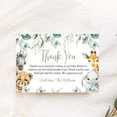 a thank card with animals and leaves on it