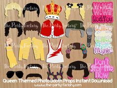 paper cutouts of different types of hair and clothes with the words queen themed photo booth props