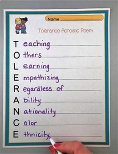 Tolerance Activities, Diversity In The Classroom, Emotional Learning Activities, Teaching Tolerance, Social Emotional Learning Activities, Acrostic Poem, School Psychology, Character Education, Social Emotional Learning