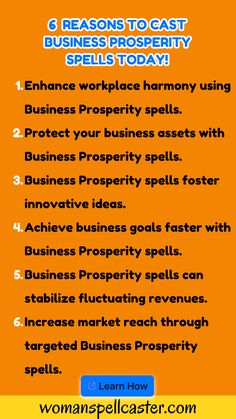 an orange and yellow poster with the words 8 reasons to cast business prosperity spells today