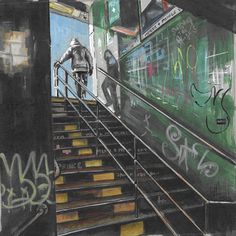 a drawing of a man riding down some stairs with graffiti on the wall behind him